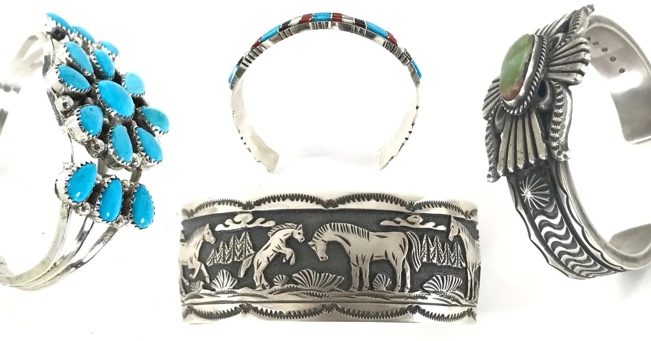 Bracelet Indien/mexicain En Métal Blanc Sertis De Turquoises - Occasion