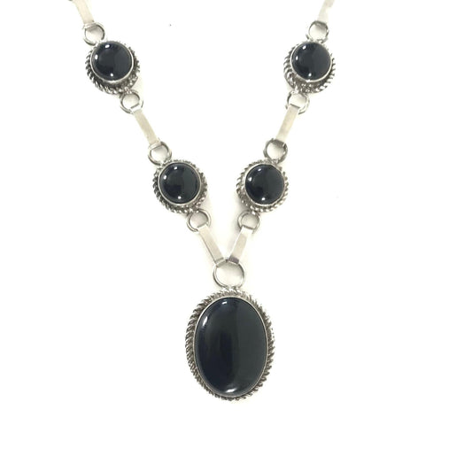 John and Mary Aquilar Sterling Silver and Onyx Link Necklace-Indian Pueblo Store