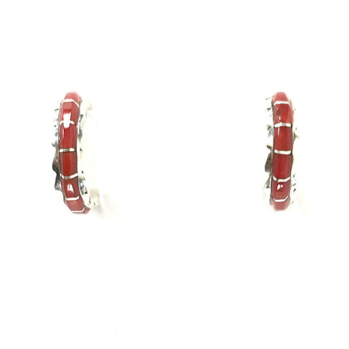 Sheldon Lalio Coral Inlay Half Hoop Earrings-Indian Pueblo Store