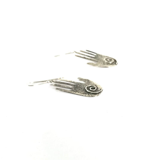 John and Mary Aquilar Sterling Silver Cast Hand Cutout Earrings-Indian Pueblo Store