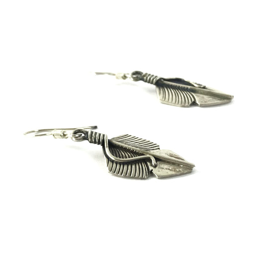 Chris Charley Sterling Silver Feather Dangle Earrings-Indian Pueblo Store