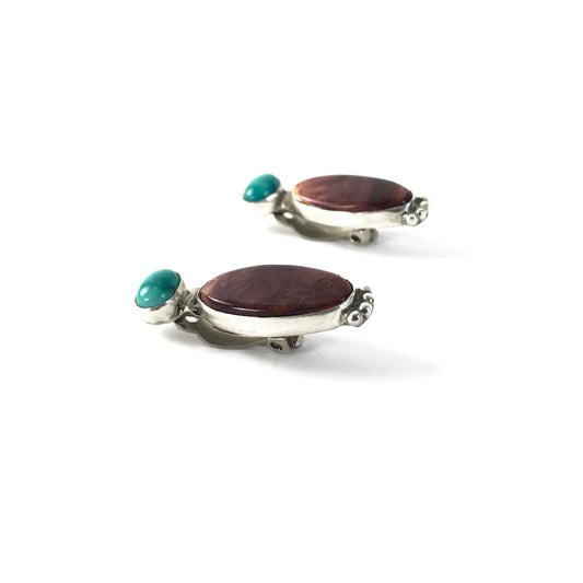 Rose Swett Turquoise and Spiny Oyster Shell Clip Earrings-Indian Pueblo Store