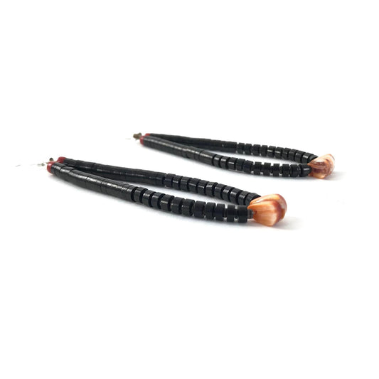 Robert L. Coriz Black Jet and Red Spiny Oyster Shell Heishi Jacla Earrings-Indian Pueblo Store