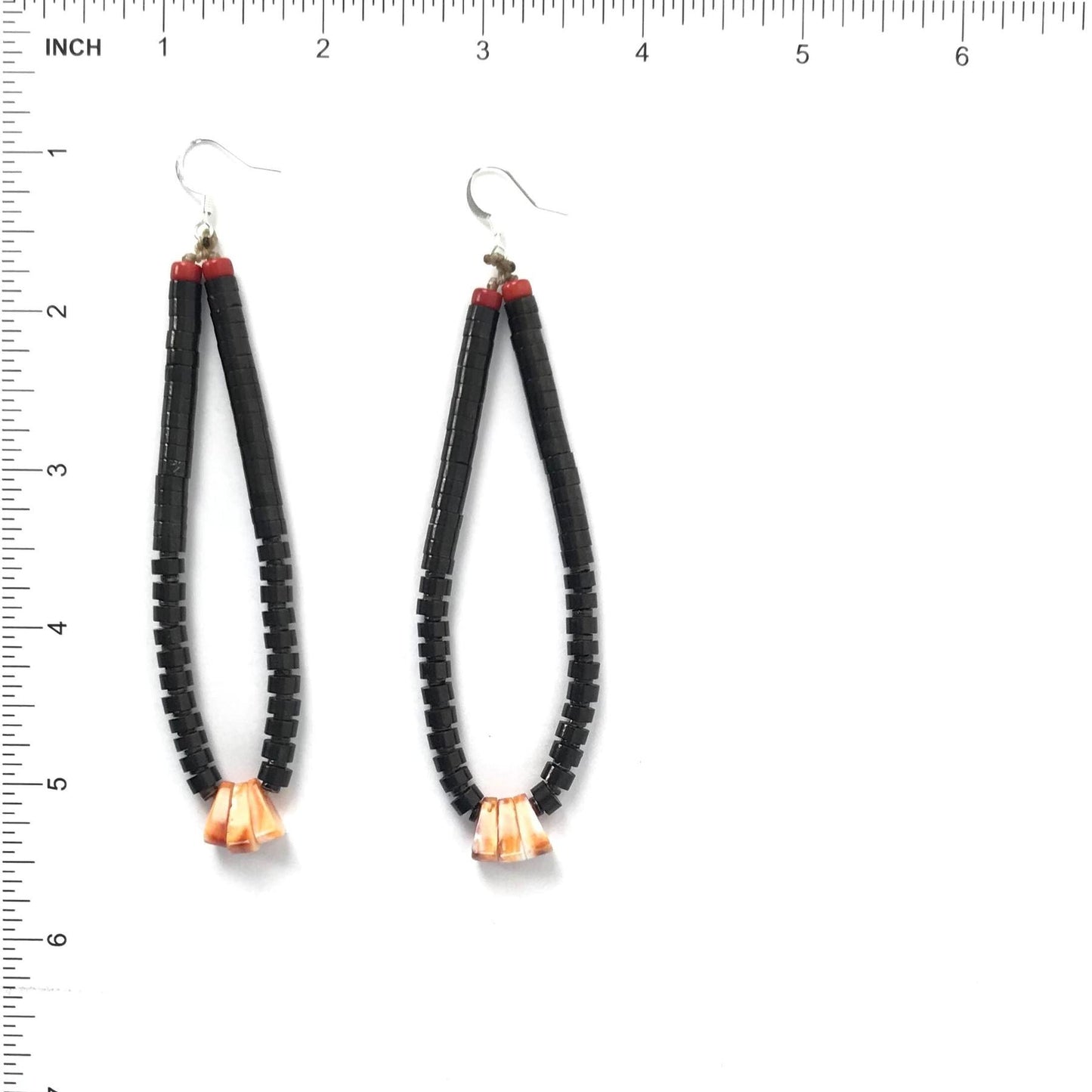 Robert L. Coriz Black Jet and Red Spiny Oyster Shell Heishi Jacla Earrings-Indian Pueblo Store