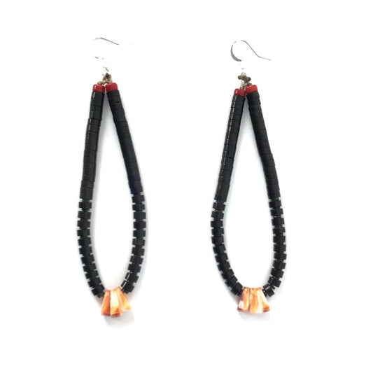Robert L. Coriz Black Jet and Red Spiny Oyster Shell Heishi Jacla Earrings-Indian Pueblo Store