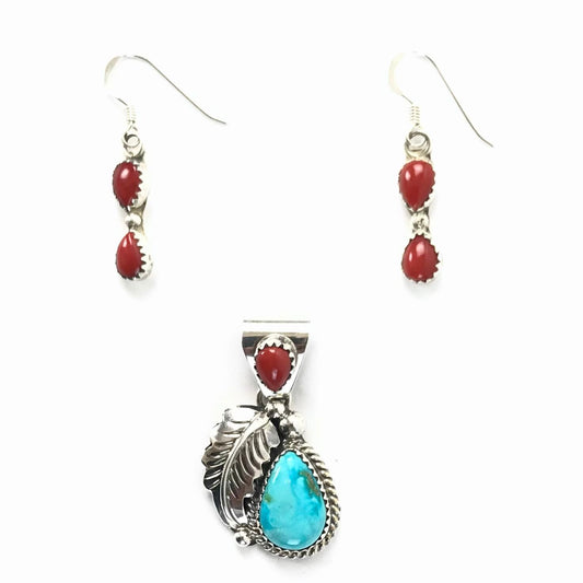 Julia Etsitty Turquoise and Coral Applique Earring and Pendant Set-Indian Pueblo Store