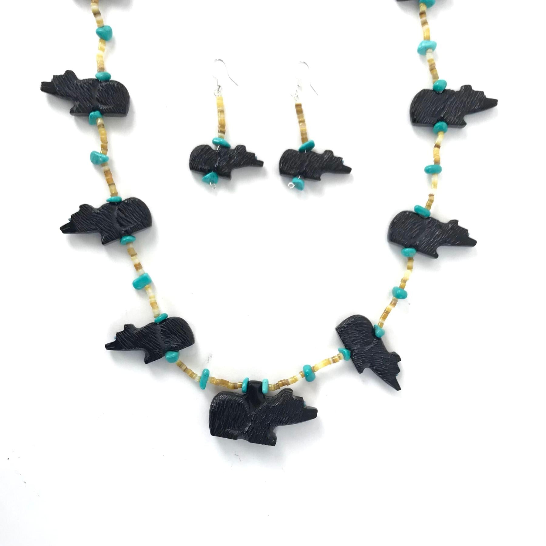 Mike Tucson Black Jet Bear Fetish Carving Necklace and Earrings
