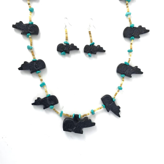 Mike Tucson Black Jet Bear Fetish Carving Necklace and Earrings Set-Indian Pueblo Store