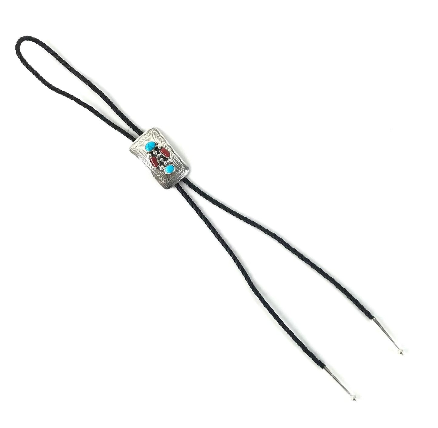 Wilbur Myers Turquoise and Coral Stamped Bolo Tie-Indian Pueblo Store