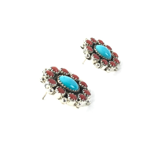 Sally Yazzie Coral and Turquoise Cluster Post Earrings-Indian Pueblo Store