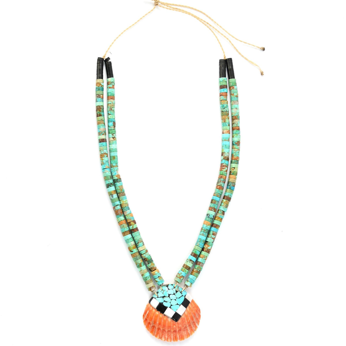 Torevia Crespin Turquoise 2-Strand Mosaic Inlay Shell Pendant Necklace and Earring Set-Indian Pueblo Store