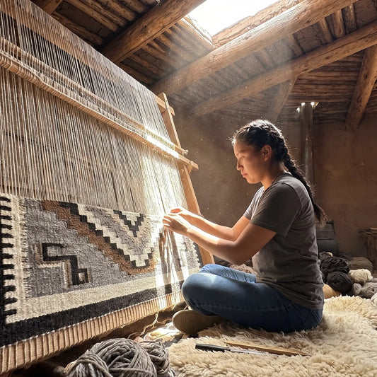 Diné weaver creating a Two Grey Hills-style textile on an upright loom inside a traditional adobe structure, using naturally colored wool to form intricate geometric patterns illuminated by sunlight streaming through the roof.