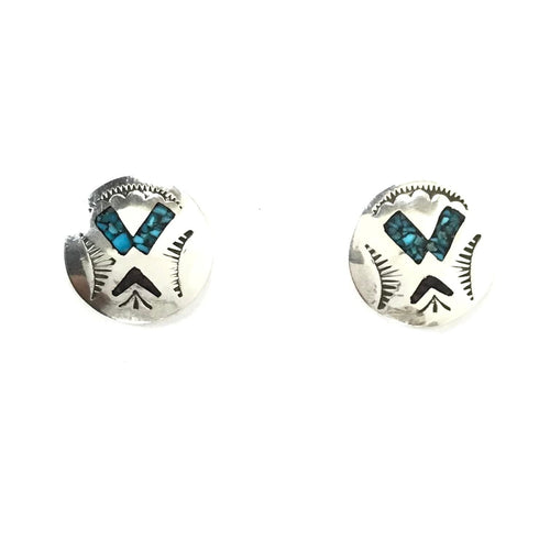 Turquoise and Coral Chip Inlay Button Earrings-Indian Pueblo Store