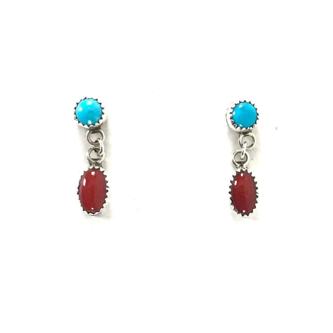 Turquoise and Coral Dangle Post Earring-Indian Pueblo Store