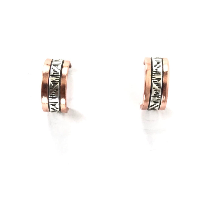 Randy Secatero and Sylvanna Apache Copper and Sterling Silver Stamped Half Hoop Earrings-Indian Pueblo Store