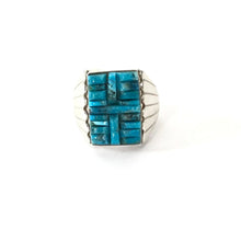 Load image into Gallery viewer, Sam Arviso Square Carved Blue Ridge Turquoise Ring-Indian Pueblo Store

