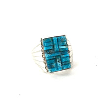 Load image into Gallery viewer, Sam Arviso Square Carved Blue Ridge Turquoise Ring-Indian Pueblo Store
