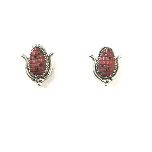 Tracey Bowekaty Red Spiny Oyster Shell Corn Earrings-Indian Pueblo Store
