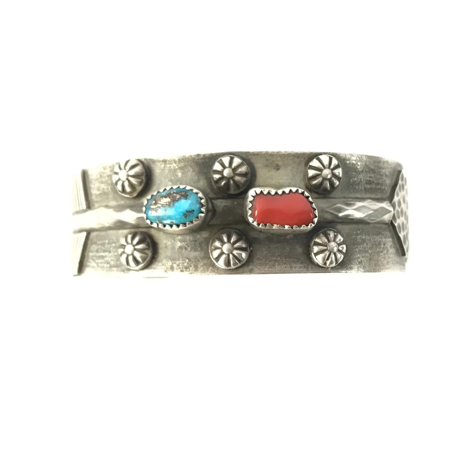 Delbert Secatero Turquoise and Coral Antiqued Bracelet-Indian Pueblo Store