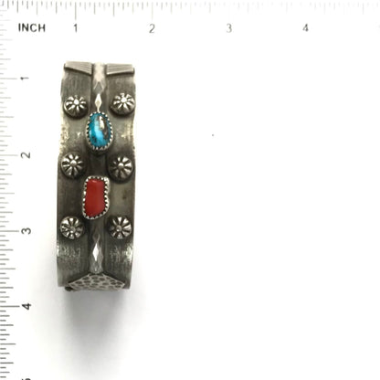 Delbert Secatero Turquoise and Coral Antiqued Bracelet-Indian Pueblo Store