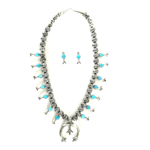 Lenora Garcia Turquoise Squash Blossom Necklace and Earring Set-Indian Pueblo Store
