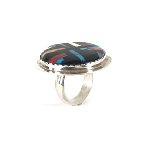 Joe and Angie Reano Jet Multi-Gemstone Mosaic Inlay Ring-Indian Pueblo Store