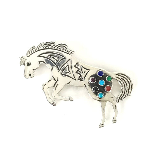 Lee Charley Multi-Gemstone Stamped Horse Pin-Indian Pueblo Store
