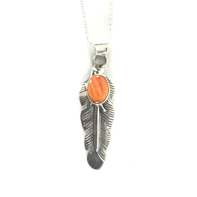 June Delgarito Orange Spiny Oyster Shell Feather Pendant-Indian Pueblo Store