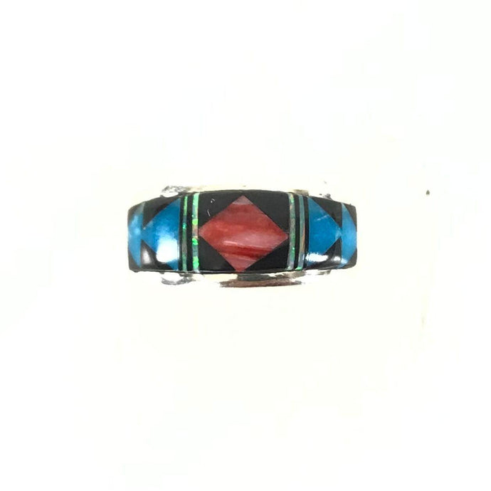 Rick Tolino Inlay Spiny Oyster Shell Multi-gemstone Wide Band Ring-Indian Pueblo Store