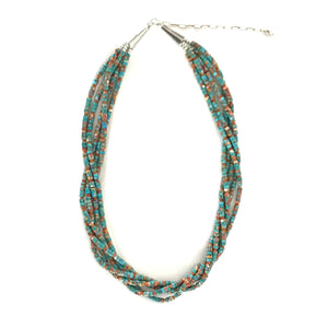 Fred Archuleta Turquoise and Apple Coral 5 Strand Heishi Necklace-Indian Pueblo Store