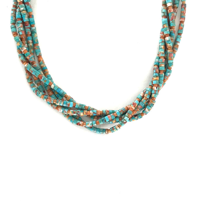 Fred Archuleta Turquoise and Apple Coral 5 Strand Heishi Necklace-Indian Pueblo Store