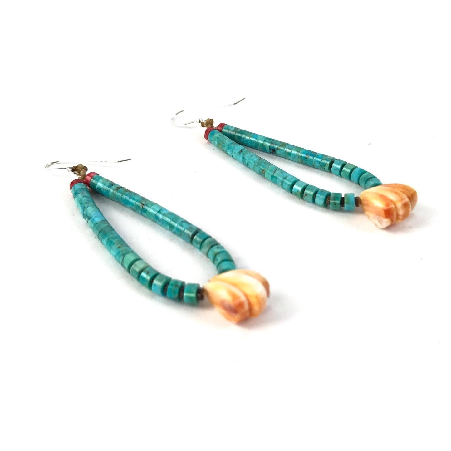 Robert Coriz Turquoise and Spiny Oyster Shell Jacla Heishi Earrings-Indian Pueblo Store