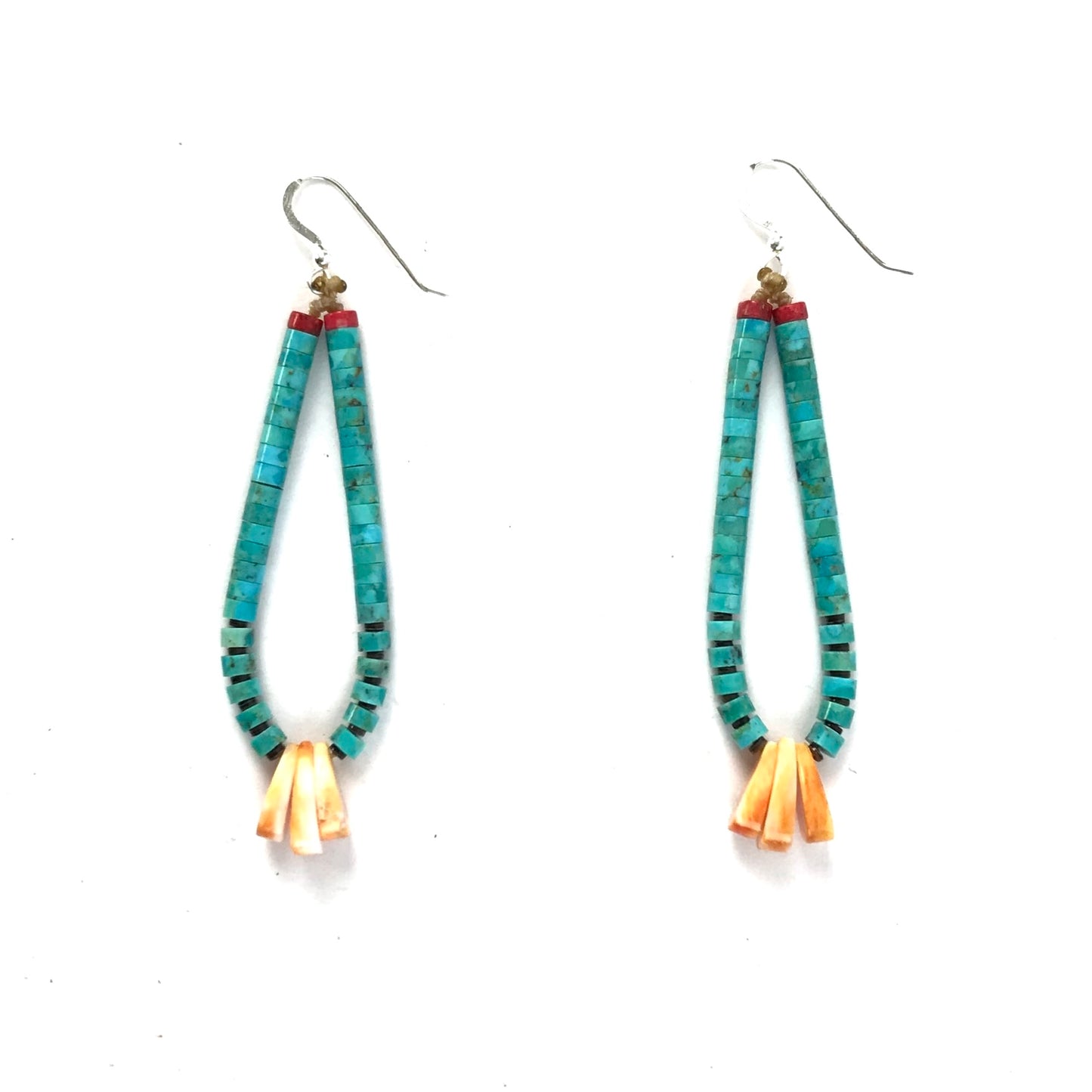 Robert Coriz Turquoise and Spiny Oyster Shell Jacla Heishi Earrings-Indian Pueblo Store