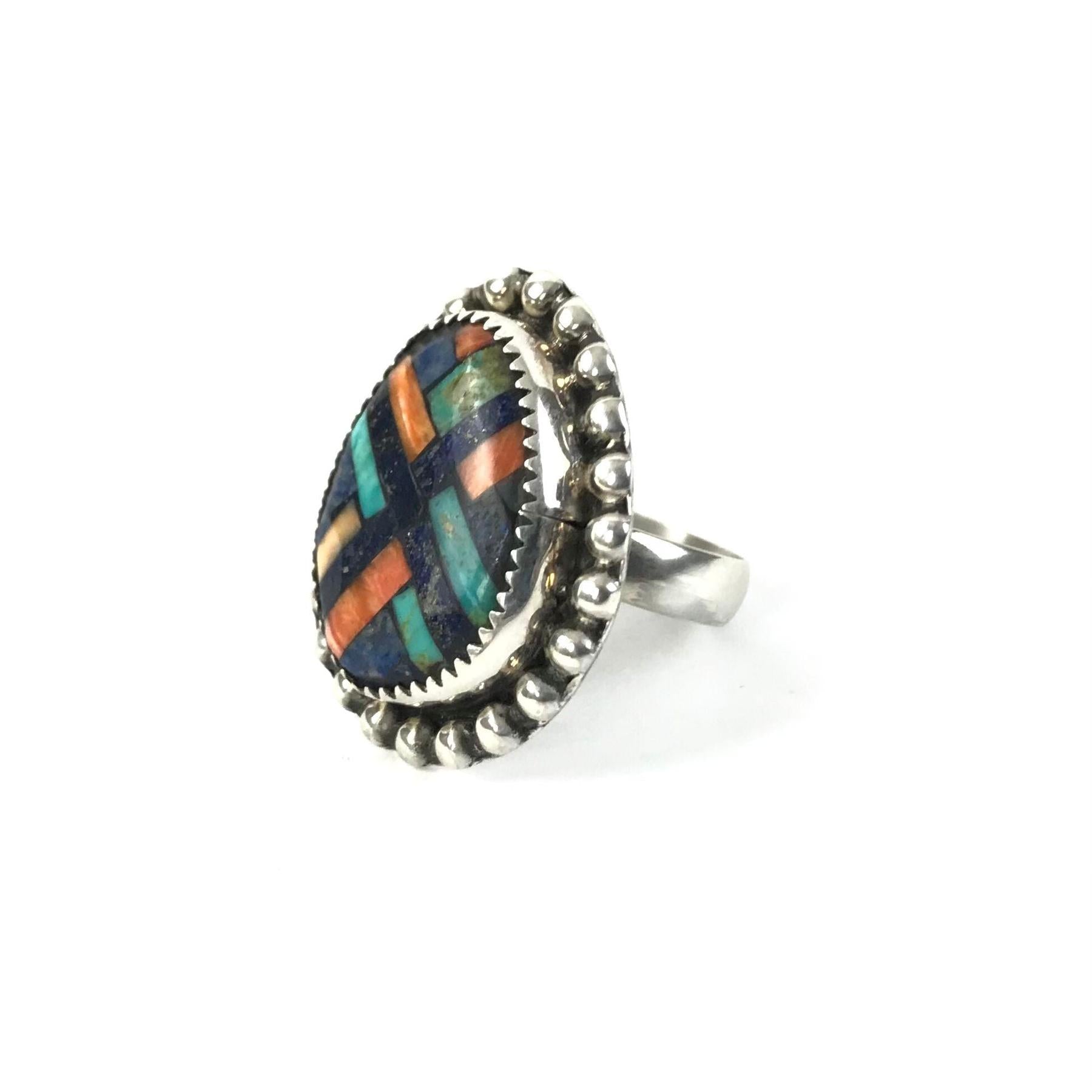 Joe and Angie Reano Multi-Gemstones Mosaic Inlay Ring-Indian Pueblo Store