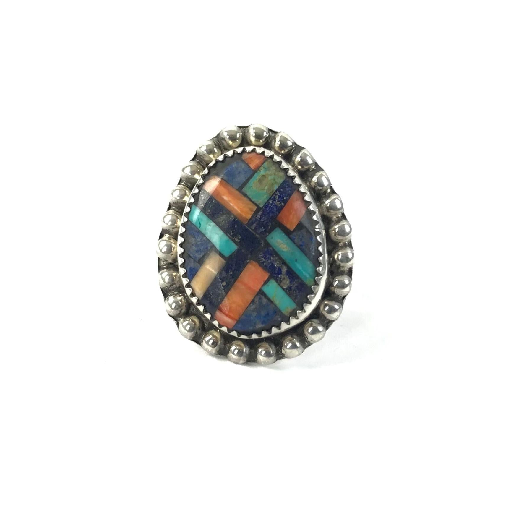 Joe and Angie Reano Multi-Gemstones Mosaic Inlay Ring-Indian Pueblo Store