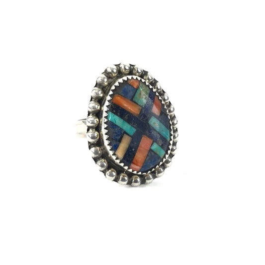 Joe and Angie Reano Multi-Gemstones Mosaic Inlay Ring-Indian Pueblo Store