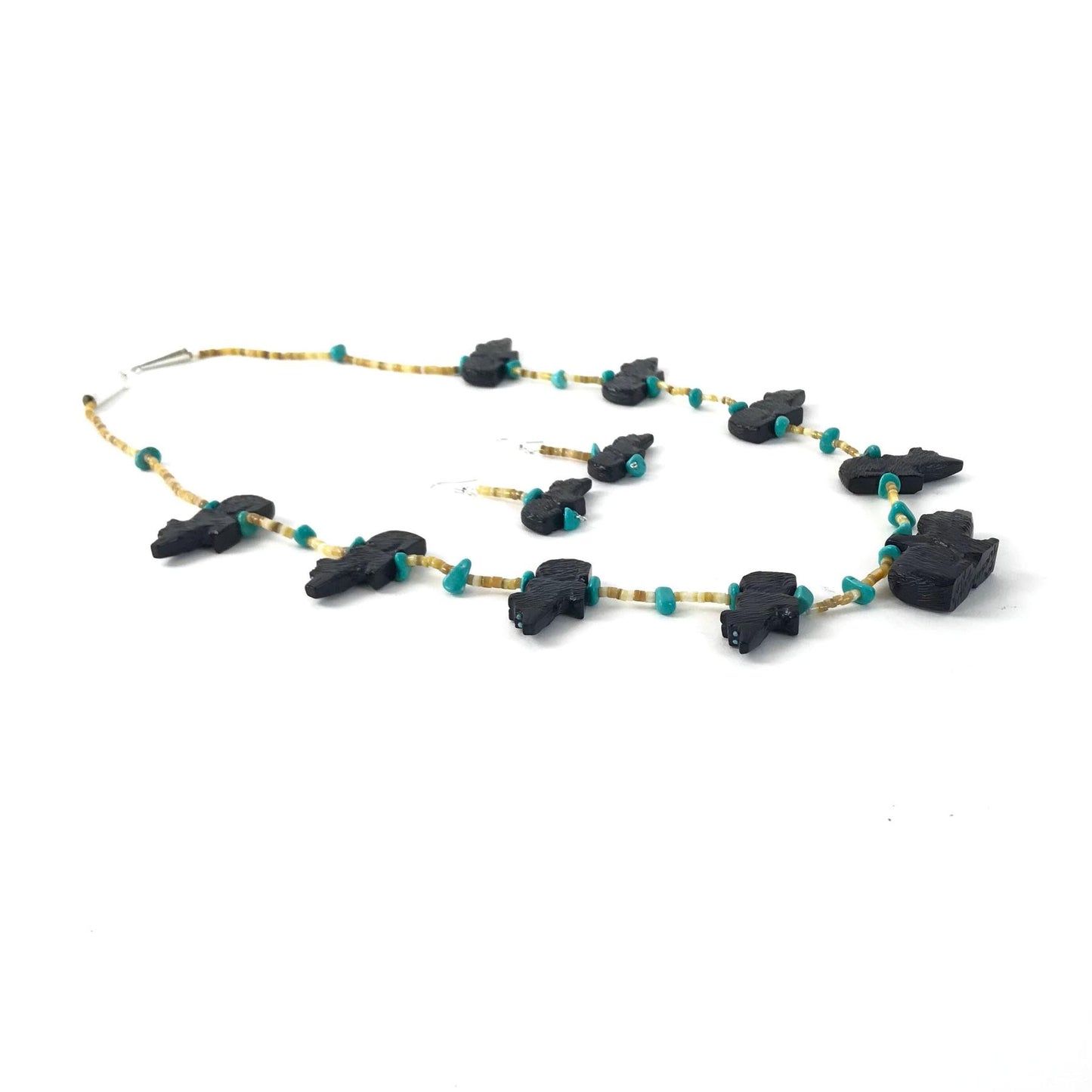 Mike Tucson Black Jet Bear Fetish Carving Necklace and Earrings Set-Indian Pueblo Store