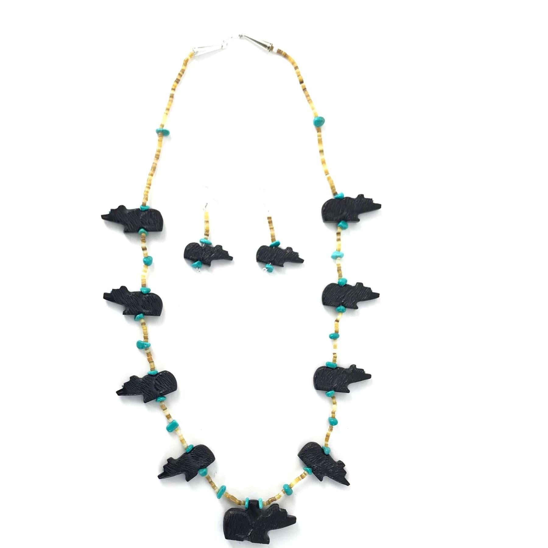 Mike Tucson Black Jet Bear Fetish Carving Necklace and Earrings