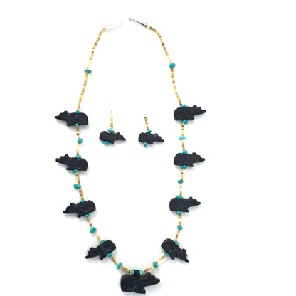 Mike Tucson Black Jet Bear Fetish Carving Necklace and Earrings Set-Indian Pueblo Store