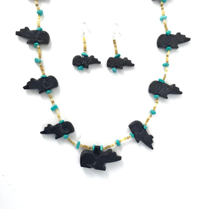 Mike Tucson Black Jet Bear Fetish Carving Necklace and Earrings Set-Indian Pueblo Store