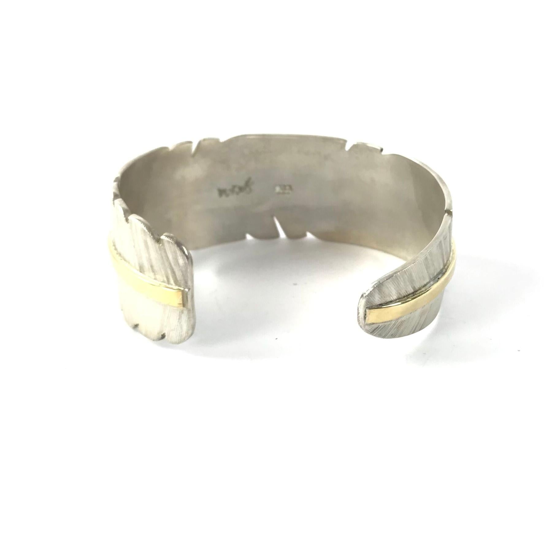 Michael and Elizabeth Kirk Sterling Silver Feather Tapered Bracelet with 18K stem-Indian Pueblo Store