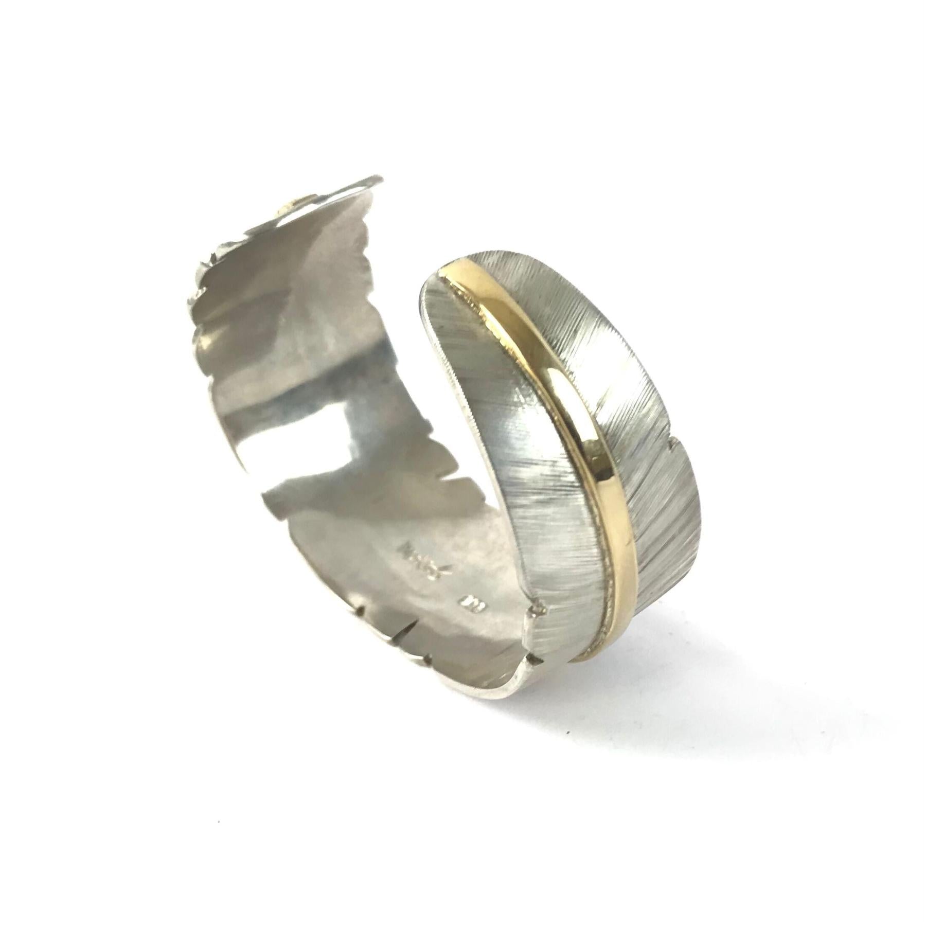 Michael and Elizabeth Kirk Sterling Silver Feather Tapered Bracelet with 18K stem-Indian Pueblo Store