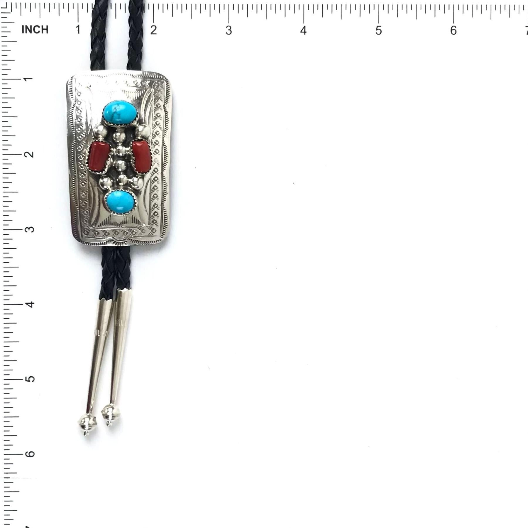 Wilbur Myers Turquoise and Coral Stamped Bolo Tie-Indian Pueblo Store