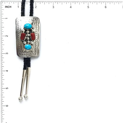 Wilbur Myers Turquoise and Coral Stamped Bolo Tie-Indian Pueblo Store