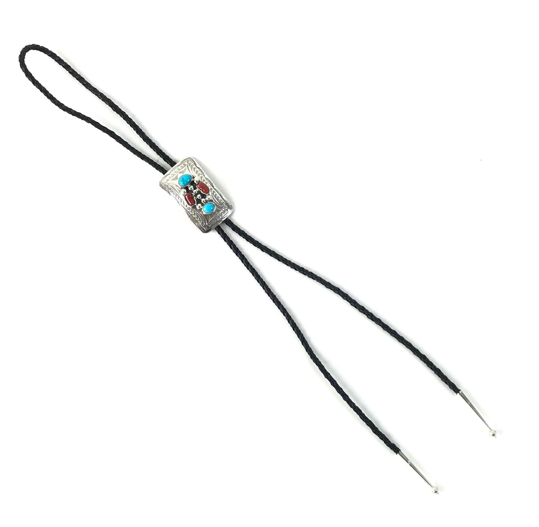 Wilbur Myers Turquoise and Coral Stamped Bolo Tie-Indian Pueblo Store