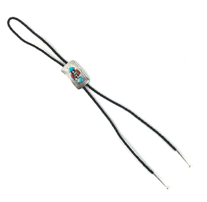 Wilbur Myers Turquoise and Coral Stamped Bolo Tie-Indian Pueblo Store