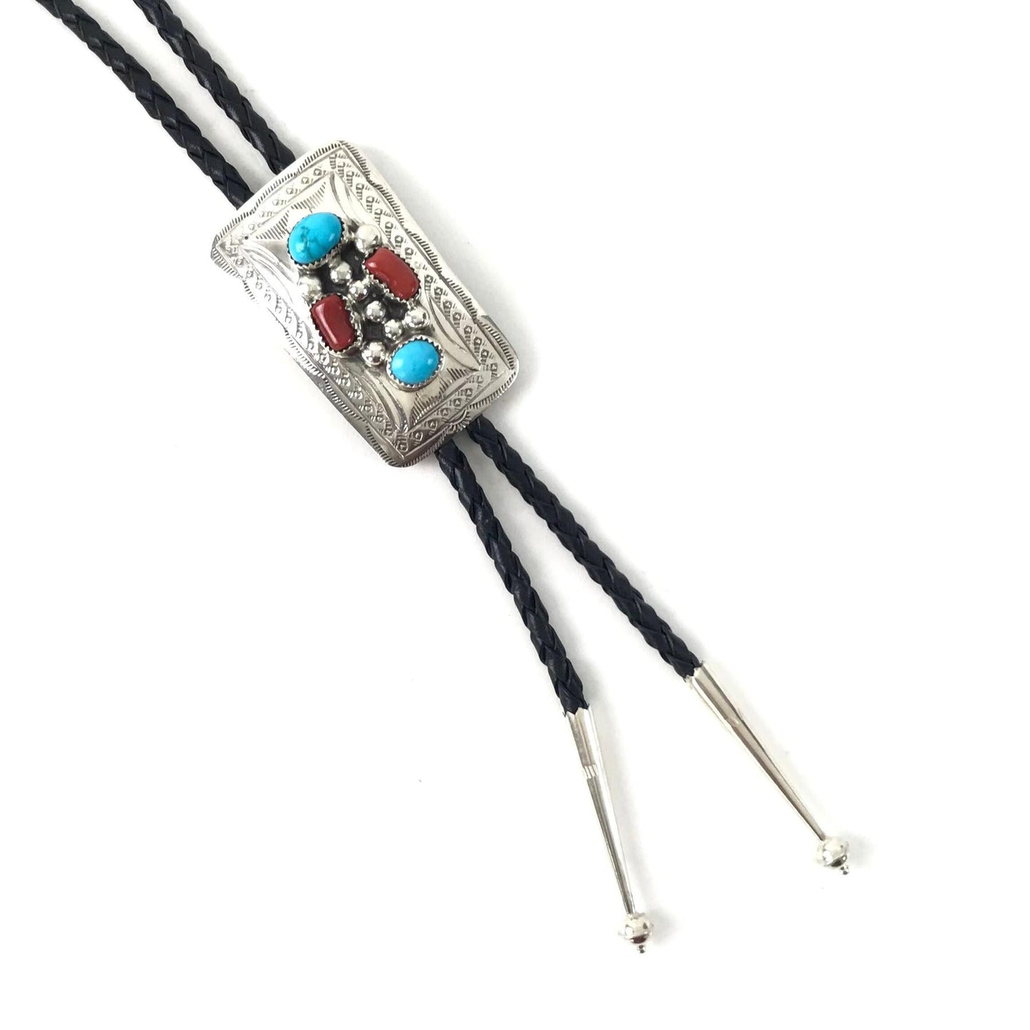 Wilbur Myers Turquoise and Coral Stamped Bolo Tie-Indian Pueblo Store