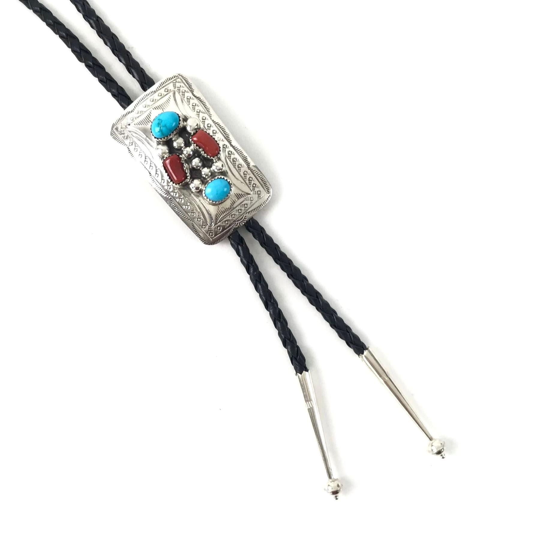 Wilbur Myers Turquoise and Coral Stamped Bolo Tie-Indian Pueblo Store