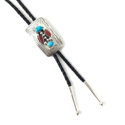 Wilbur Myers Turquoise and Coral Stamped Bolo Tie-Indian Pueblo Store