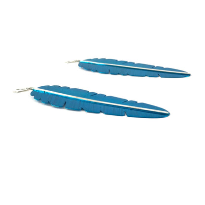 Michael and Elizabeth Kirk XLG Turquoise Ceramic Feather Dangle Earrings-Indian Pueblo Store